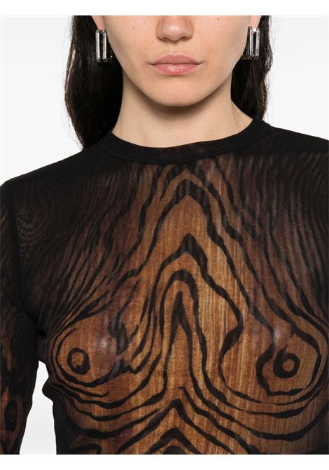 top long sleeves mesh printed wood donna nero e marrone JEAN PAUL GAULTIER | 25/03-W-TO335-M002P0060
